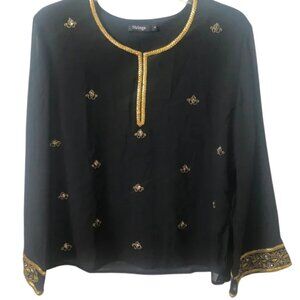 Women's Long Sleeve Black Gold Embroidered Beaded Blouse US Size L